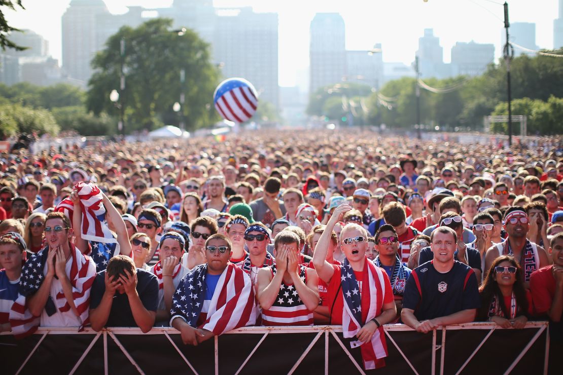 Thousands of fans gather in Chicago's Grant Park to watch the USA compete in the 2014 World Cup on big screens.