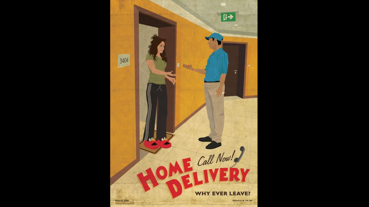 An unkempt apartment-dweller uses cheap, paid-for labor to make menial chocolate deliveries to her home in this poster highlighting the ease of life many expats enjoy in Dubai.