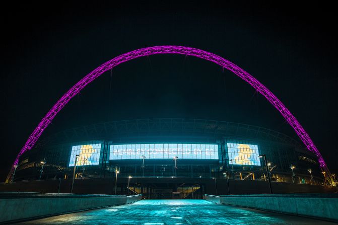 Twitter will play a part in the English League Cup final between Chelsea and Tottenham Hotspur on Sunday. Wembley Stadium's famous arch, shown here glowing pink for a breast cancer awareness campaign, will turn blue or white depending on which team's hashtag is most popular.