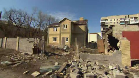 A photograph from earlier this year shows damage in the city of Donetsk.