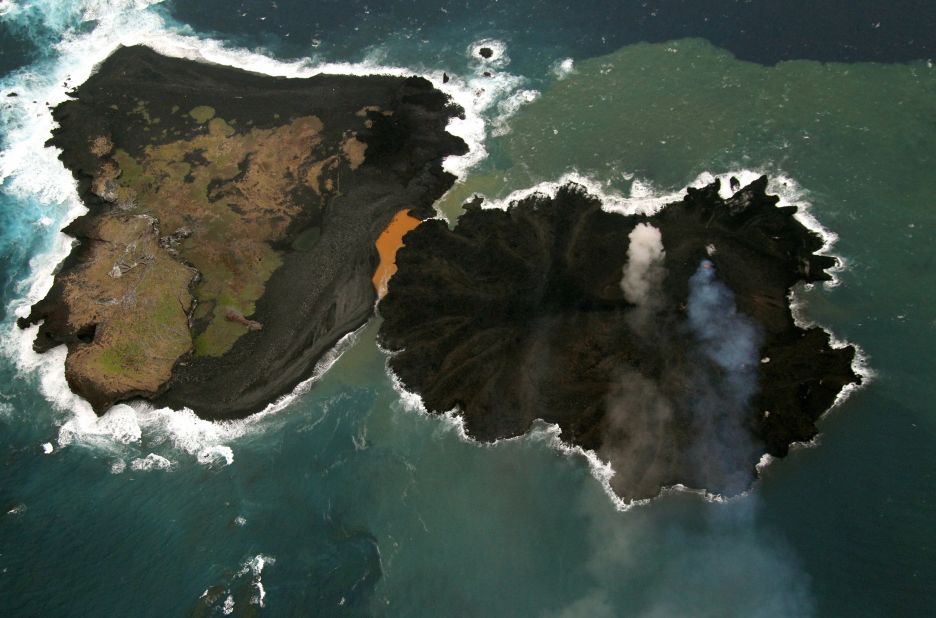That islet that merged with its neighbor, Nishinoshima island, is continuing to grow. Lava flows on the islet then known as Niijima -- on the right in this November 2014 photo -- have increased the island's size. The islet is in the Ogasawara Islands, also known as the Bonin Islands, about 1,000 kilometers (620 miles) south of Tokyo was first spotted on November 20, 2013, by Japan's coast guard.