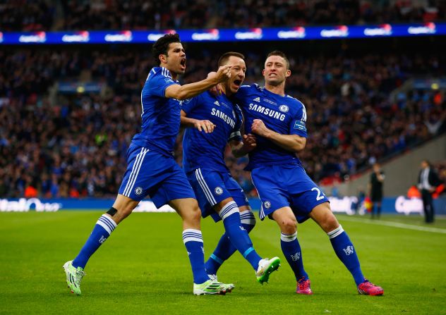 Terry is congratulated after breaking the deadlock for Chelsea late in the first half at Wembley