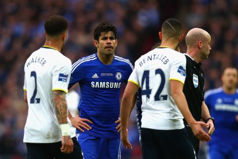 Costa was in combative mood and gets involved in a confrontation with Kyle Walker and Nabil Bentaleb.