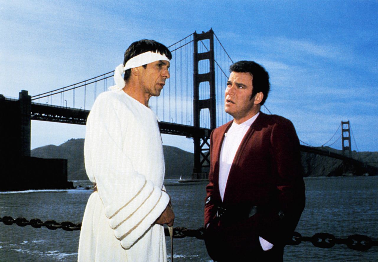 Nimoy and Shatner during a scene of "Star Trek IV: The Voyage Home."