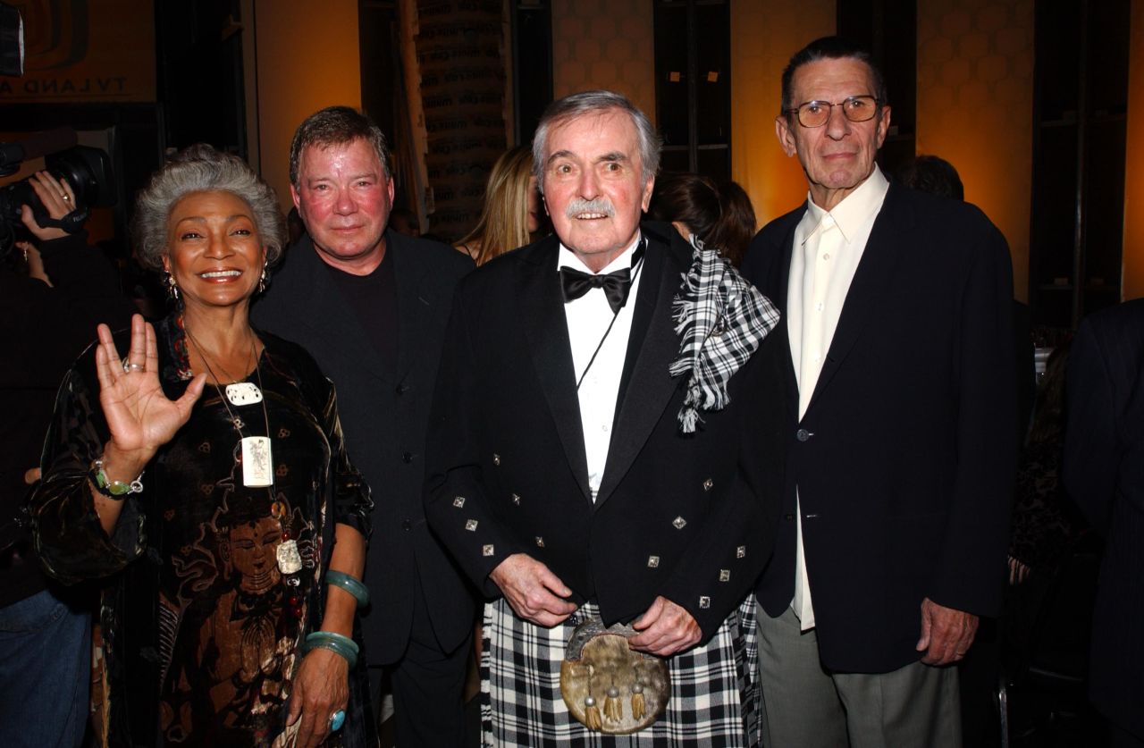 Nichelle Nichols, Shatner, James Doohan and Nimoy pose during the TV Land Awards 2003 at the Hollywood Palladium on March 2, 2003. The classic show received the pop culture award.