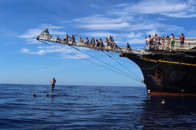 The 70 meter ship charts a course across the Atlantic Ocean, visiting exotic ports on either side.