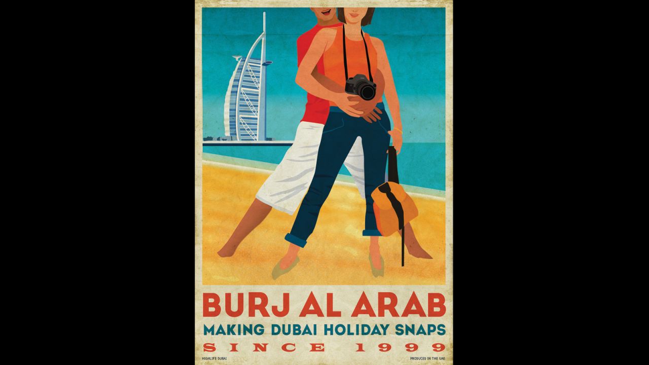 The mandatory Burj Al Arab photo moment has been turned into a vintage-style poster for Dubai by British graphic artist Clare Napper.