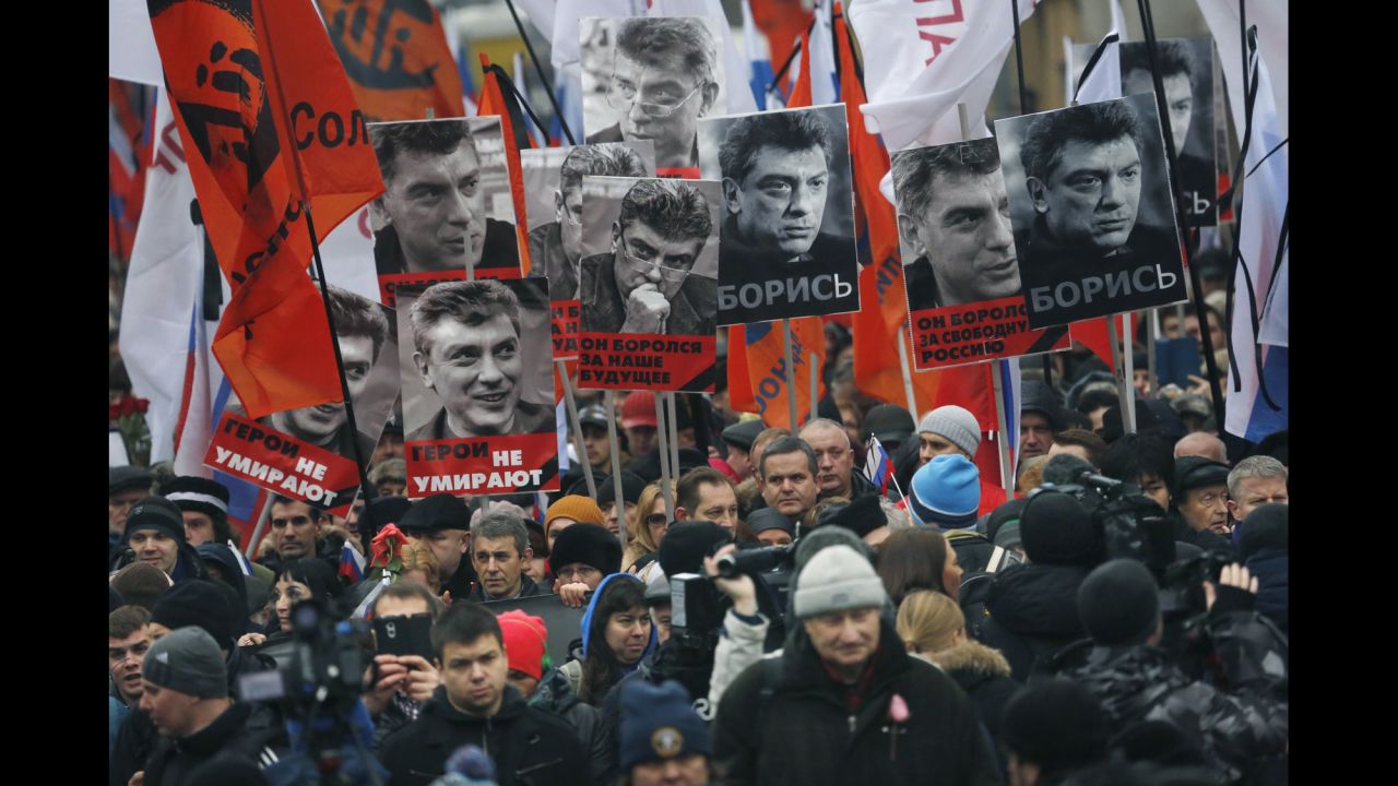 People march near the Kremlin in Moscow on March 1.