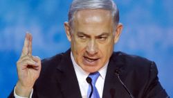 Israeli Prime Minister Benjamin Netanyahu gestures while  addressing the 2015  American Israel Public Affairs Committee (AIPAC) Policy Conference in Washington, Monday, March 2, 2015. (AP Photo/Cliff Owen)
