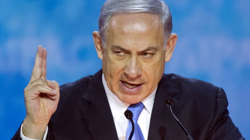 Israeli Prime Minister Benjamin Netanyahu gestures while  addressing the 2015  American Israel Public Affairs Committee (AIPAC) Policy Conference in Washington, Monday, March 2, 2015. (AP Photo/Cliff Owen)