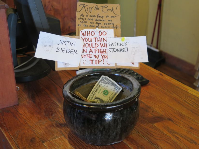 Some places get creative with tip solicitations. Who'd win in a battle between Patrick Stewart and the Beebs? You can "vote" with your tip at the Oasis Cafe in Portland, Oregon.