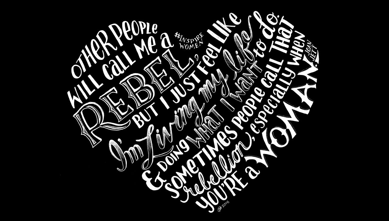 "Other people will call me a rebel, but I just feel like I'm living my life and doing what I want to do. Sometimes people call that rebellion, especially when you're a woman." -- Joan Jett. Designed by <a href="https://twitter.com/feltlikeit" target="_blank" target="_blank">Amber Alves</a>. Nominated by <a href="https://twitter.com/klustout" target="_blank" target="_blank">Kristie Lu Stout</a>, CNN anchor and Leading Women presenter. <br />