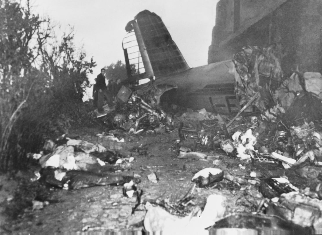 The wreckage of the airplane which crashed into the Superga hillside in 1949.
