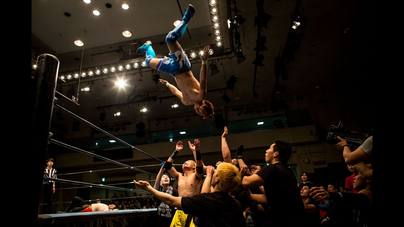 College students from pro wrestling clubs put on a show Thursday, February 26, in Tokyo. 
