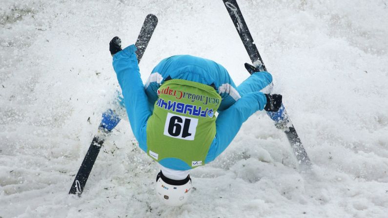 Dimitri Isler, a freestyle skier from Switzerland, crash-lands during the World Cup aerials event that was held outside Minsk, Belarus, on Sunday, March 1.