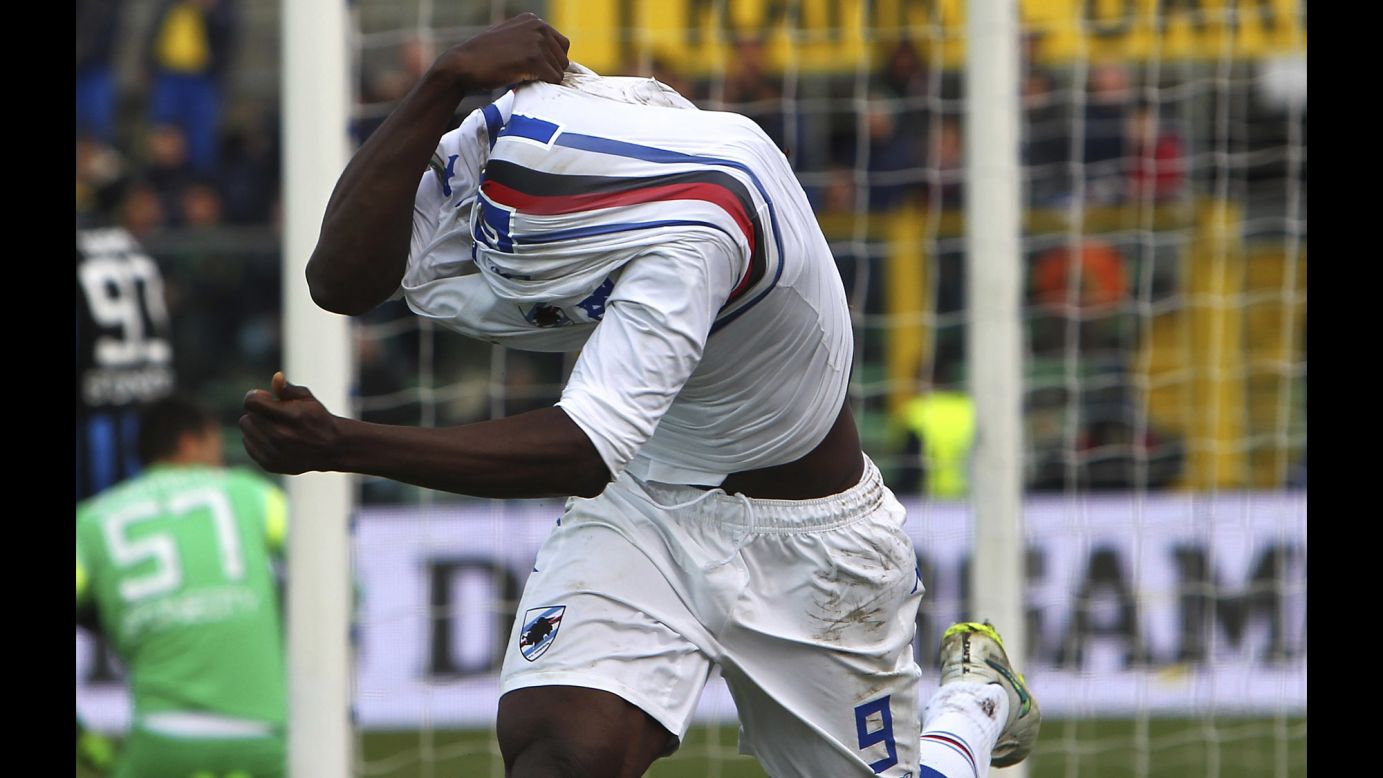 Sampdoria's Stefano Okaka celebrates a late second-half goal against Atalanta during a Serie A match played Sunday, March 1, in Bergamo, Italy. The goal was the game-winner in the 2-1 Sampdoria victory.