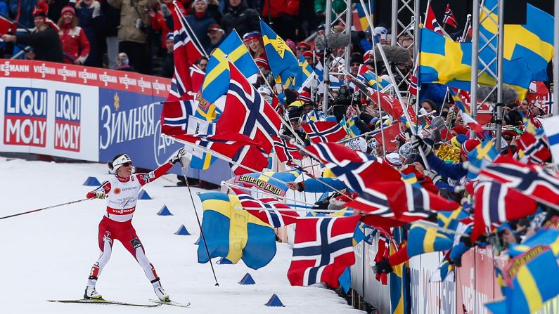 Cross-country skier Marit Bjoergen waves to the crowd after skiing the final leg of a relay race that she and her Norwegian compatriots won Thursday, February 26, at the Nordic World Ski Championships in Falun, Sweden. Bjoergen is one of the most decorated Winter Olympians ever. She has won 10 Olympic medals -- six of them gold -- during her illustrious career.