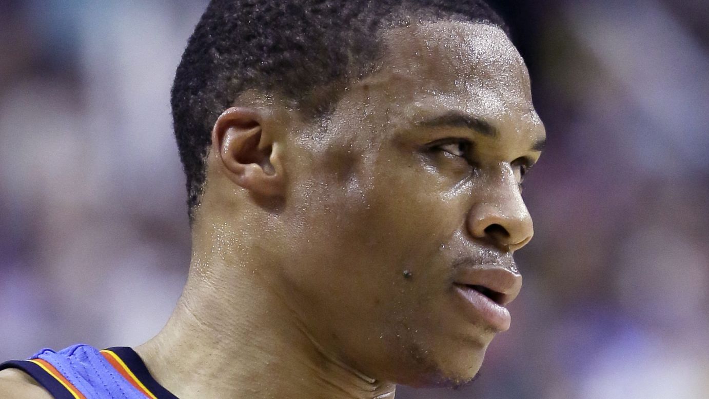 A dent is seen on the face of Oklahoma City guard Russell Westbrook after he was accidentally kneed by a teammate Friday, February 27, in Portland, Oregon. Westbrook, one of the NBA's leading scorers, later had surgery to fix the broken cheekbone.