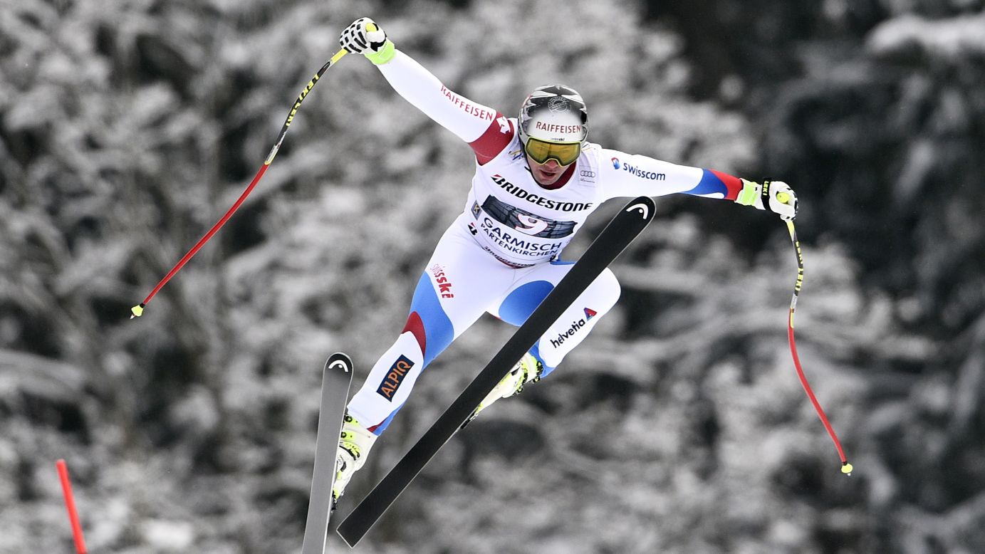 Swiss skier Beat Feuz competes in the downhill Saturday, February 28, during a World Cup event in Garmisch-Partenkirchen, Germany.