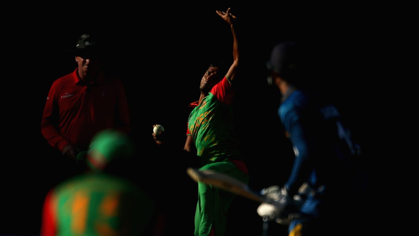 Rubel Hossain of Bangladesh bowls to Kumar Sangakkara of Sri Lanka during a Cricket World Cup match Thursday, February 26, in Melbourne. Sri Lanka won the match by 92 runs.