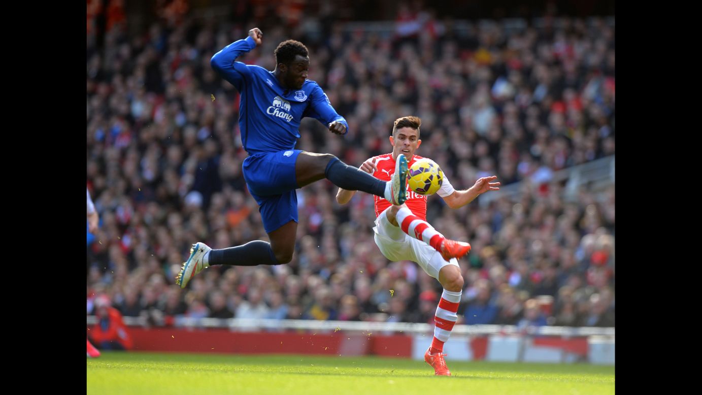 Everton's Romelu Lukaku, left, and Arsenal's Gabriel compete for the ball during a Premier League match in London on Sunday, March 1. Arsenal won the match 2-0.