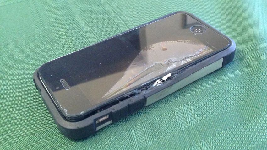 The damaged phone that Erik Johnson says burned his leg when it exploded in his pocket.
