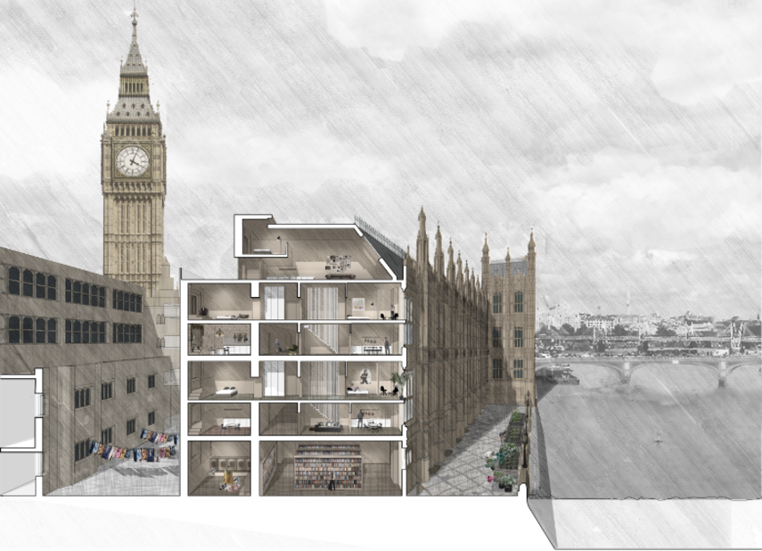 An artist's rendering of the UK Houses of Parliament in Westminster, London, transformed to accommodate social housing units.