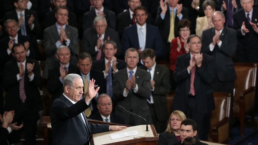 Israeli Prime Minister Benjamin Netanyahu acknowledges a standing ovation after addressing a joint meeting of the United States Congress in the House chamber at the U.S. Capitol March 3, 2015 in Washington, DC.