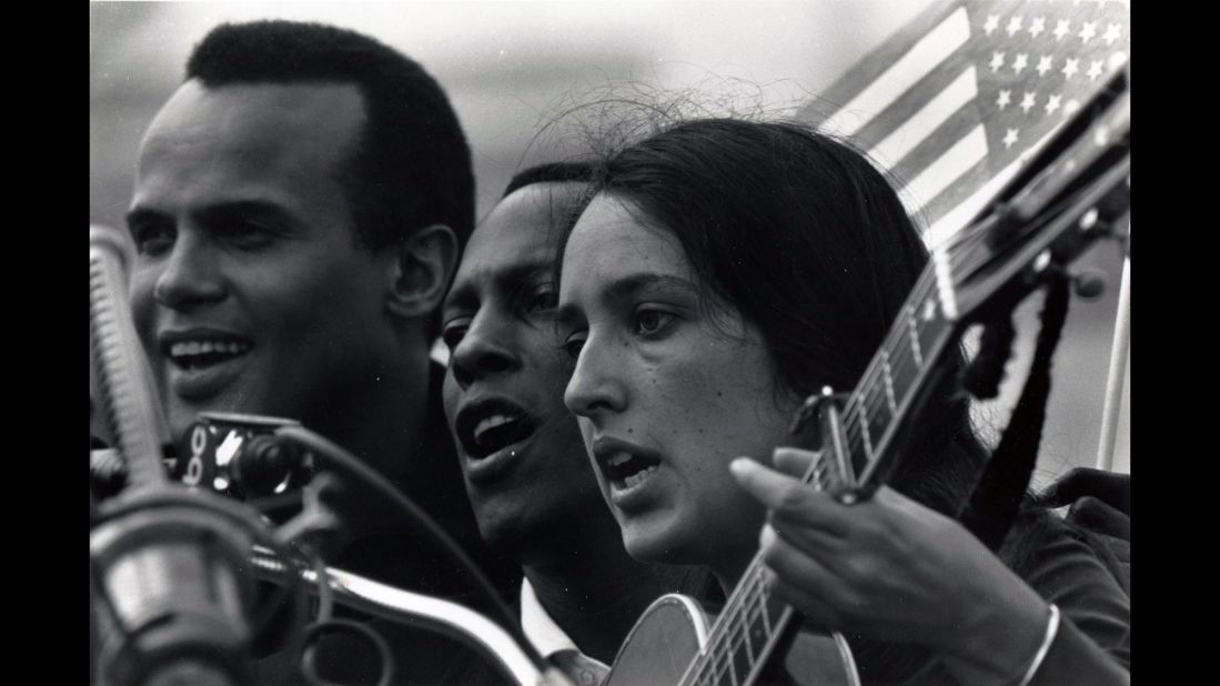 Belafonte, left, and Joan Baez entertained activists with music before the march.