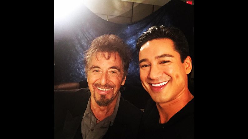 "Al Pacino just told me this is his first selfie ever," said television host Mario Lopez, right, as he <a href="index.php?page=&url=https%3A%2F%2Ftwitter.com%2FMarioLopezExtra%2Fstatus%2F571787390517317632" target="_blank" target="_blank">tweeted a photo with the actor</a> on Saturday, February 28.