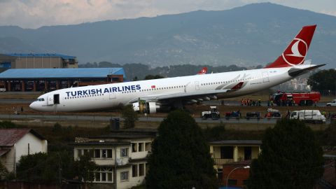 The Turkish Airlines plane came to a stop with its nose pitched down at Kathmandu's international airport.
