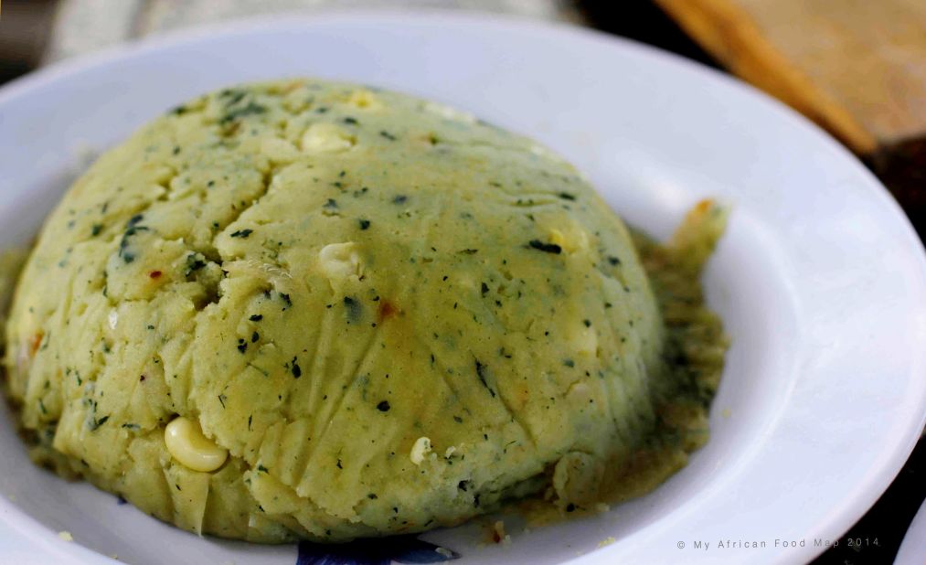 Irio is a Gikuyu side dish made of potatoes, corn and mashed peas. 