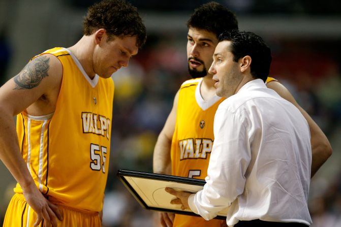 As a coach, Bryce Drew (drawing up a play for Kevin Van Wijk #55 and Bobby Capobianco #5) has led Valparaiso to its record number of wins in just his fourth season in charge.