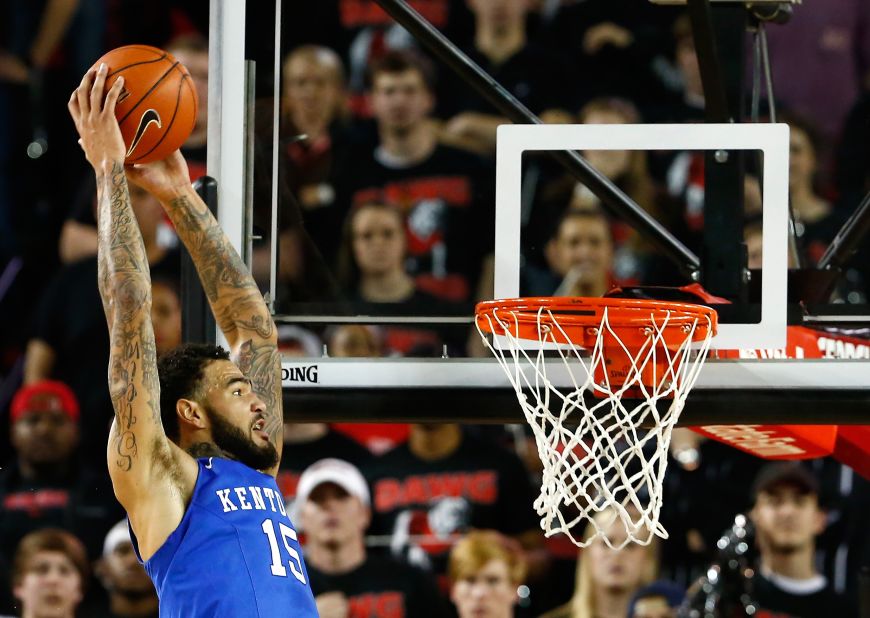 Willie Cauley-Stein of the Kentucky Wildcats dunks against the Georgia Bulldogs at Stegeman Coliseum on March 3, 2015 in Athens, Georgia. Kentucky is favorite to win the NCAA Tournament -- known as "March Madness."