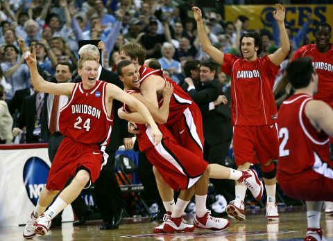NBA Most Valuable Player candidate Stephen Curry (center) shined during the 2008 NCAA Men's Basketball Tournament. Here he celebrates a second-round win over Georgetown with his Davidson College teammates after a 25-point second-half performance.