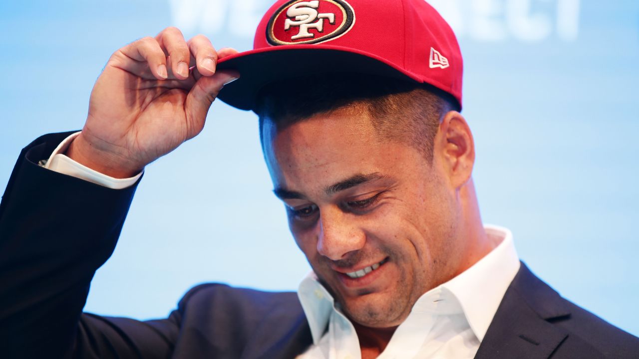 Jarryd Hayne speaks to the media during a press conference at the Telstra Amphitheatre on March 3, 2015 in Sydney, Australia. 