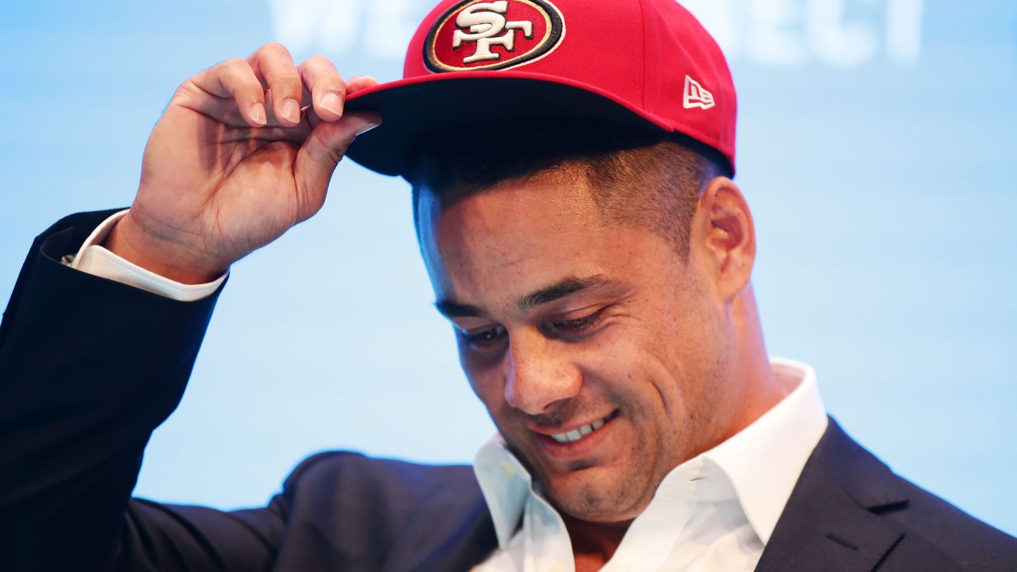 Jarryd Hayne speaks to the media during a press conference at the Telstra Amphitheatre on March 3, 2015 in Sydney, Australia. 