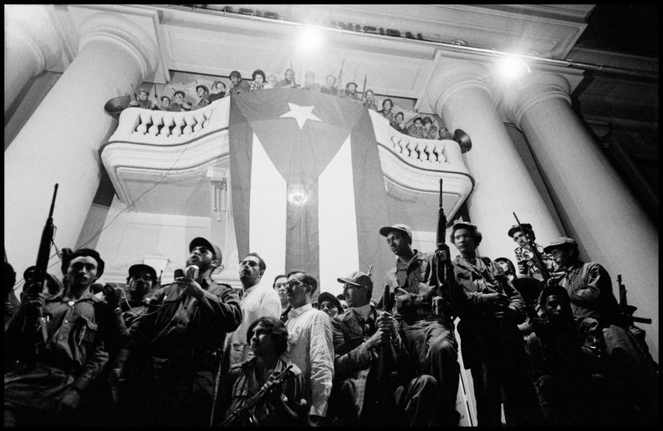 Surrounded by rebels who came with him from the mountains, Castro gives an all-night speech.