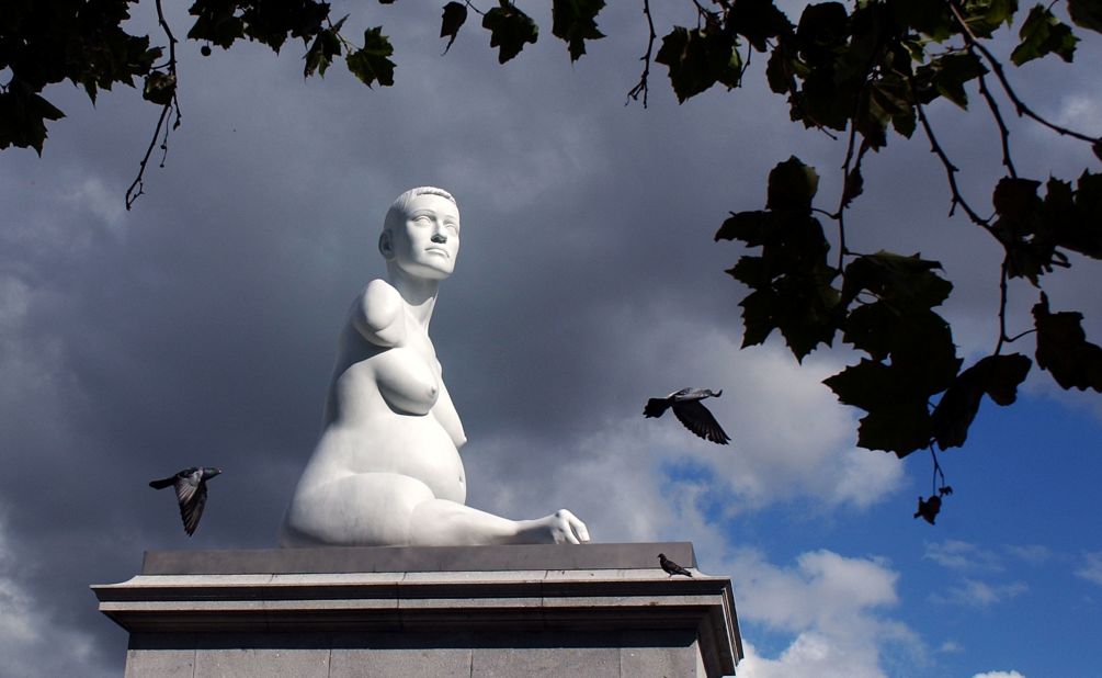 The marble sculpture by British artist Marc Quinn entitled 'Alison Lapper Pregnant' was the first artwork to fill the vacant plinth in the northwest of Trafalgar Square. The statue unveiled in September 2005 is a portrait of disabled artist Alison Lapper, who is portrayed naked and eight months pregnant. The sculpture measured 12 feet high and weighed 13 tons. 