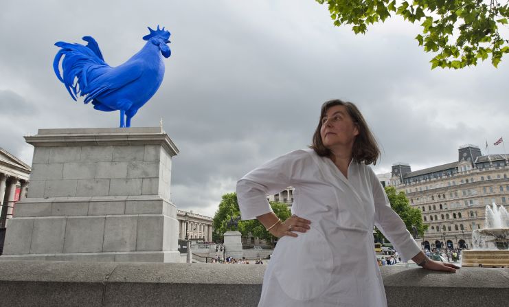 German artist Katharina Fritsch poses on front of her sculpture Hahn/Cock. The striking work was unveiled in July 2013.