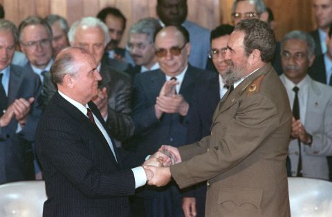 Castro greets Soviet leader Mikhail Gorbachev in Havana in April 1989.