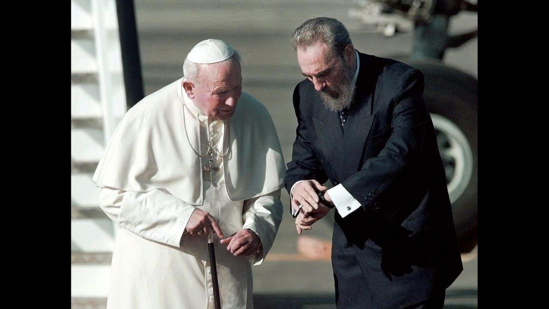 Castro meets with Pope John Paul II on an airport tarmac in Havana in January 1998. It was the first papal visit to Cuba.