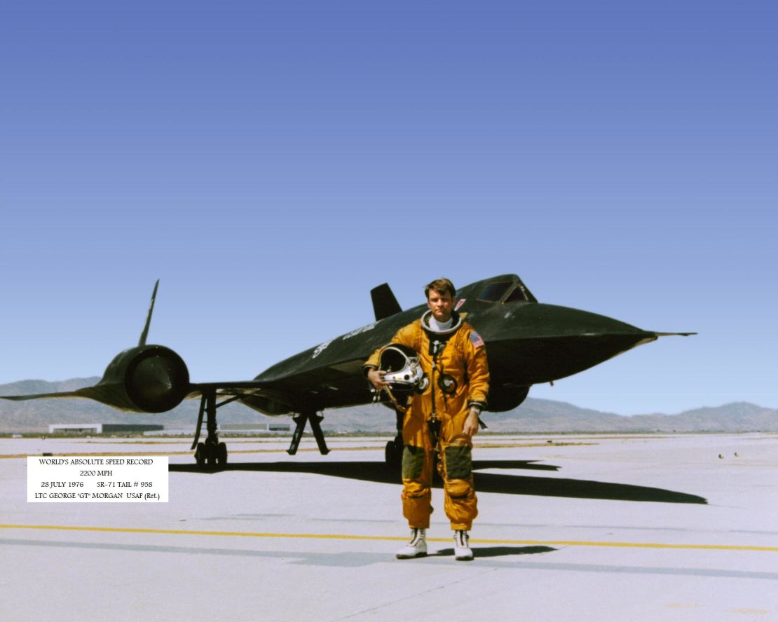 Reconnaissance Systems Officer George Morgan stands in front of a Cold War-era U.S. Air Force SR-71 spy plane in an undated photo. 