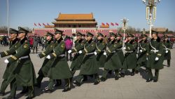 Paramilitary policemen march in formation across Tiananmen Square in Beijing Wednesday, March 4, 2015. Thousands of delegates from all over the country are in the Chinese capital this week to attend the Chinese People's Political Consultative Conference and the National People's Congress. (AP Photo/Mark Schiefelbein)