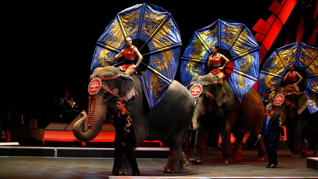 Performers ride elephants during a live perfomance in 2007.