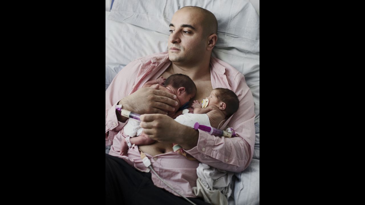 Samad Kohigoltapeh, 32, spends quality time with his newborn twins Parisa and Leia.