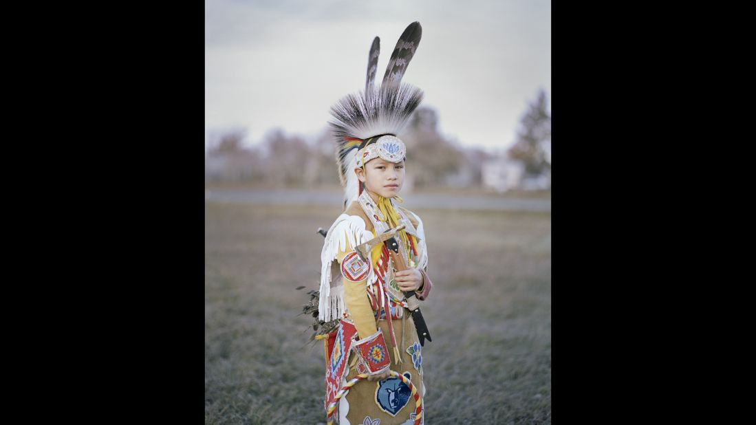 A young boy named Stephen is dressed up during the Veterans Powwow at Montana's Fort Belknap Indian Reservation.