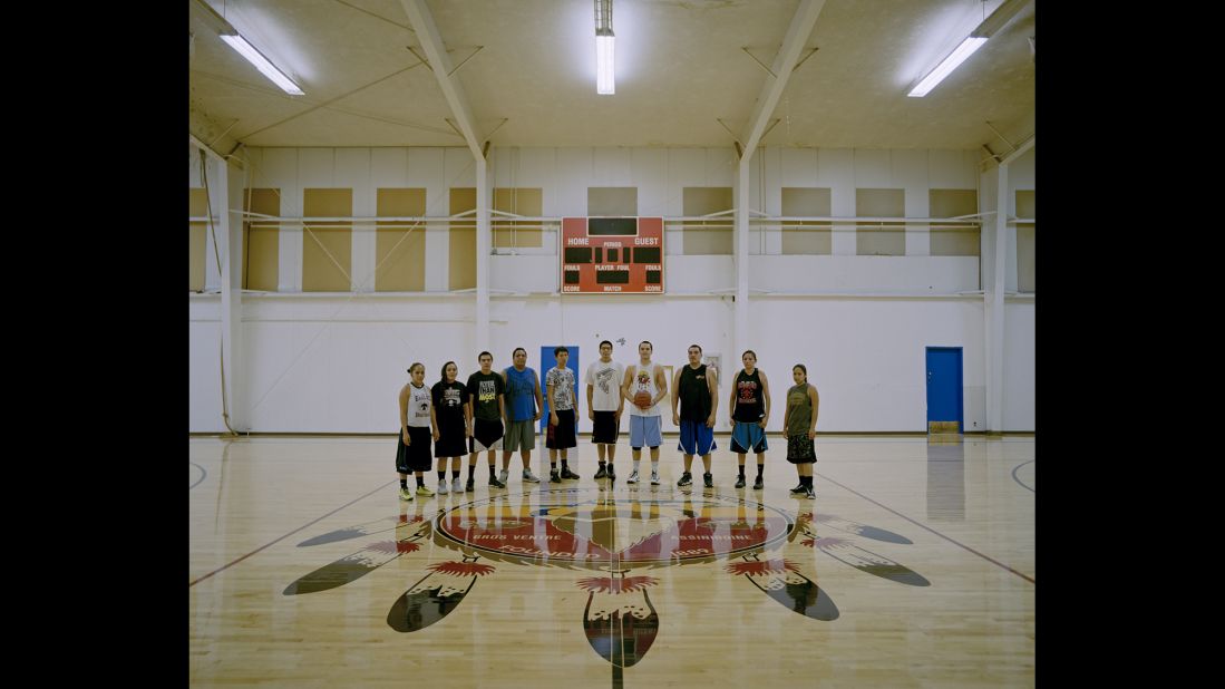 A young basketball team at the Red Whip Gym in Fort Belknap Agency.
