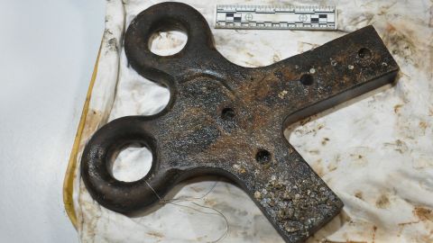 This piece of iron had eyes, or holes, that were used as part of the rope and wood assembly that allowed the ironclad's crew to move guns closer or farther from portholes and into firing position. The CSS Georgia was scuttled when Savannah fell to Federal forces in December 1864.