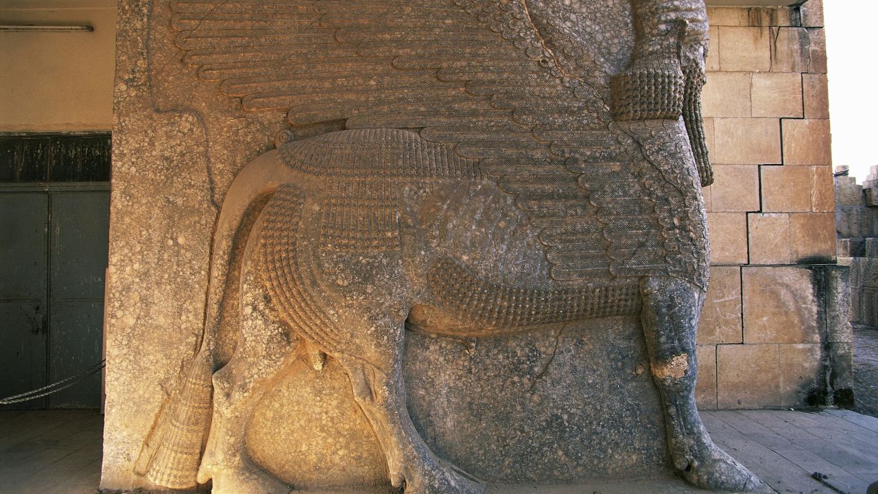Relief of a human-headed winged lion in Ashurnasirpal II's palace in Nimrud in northern Iraq.